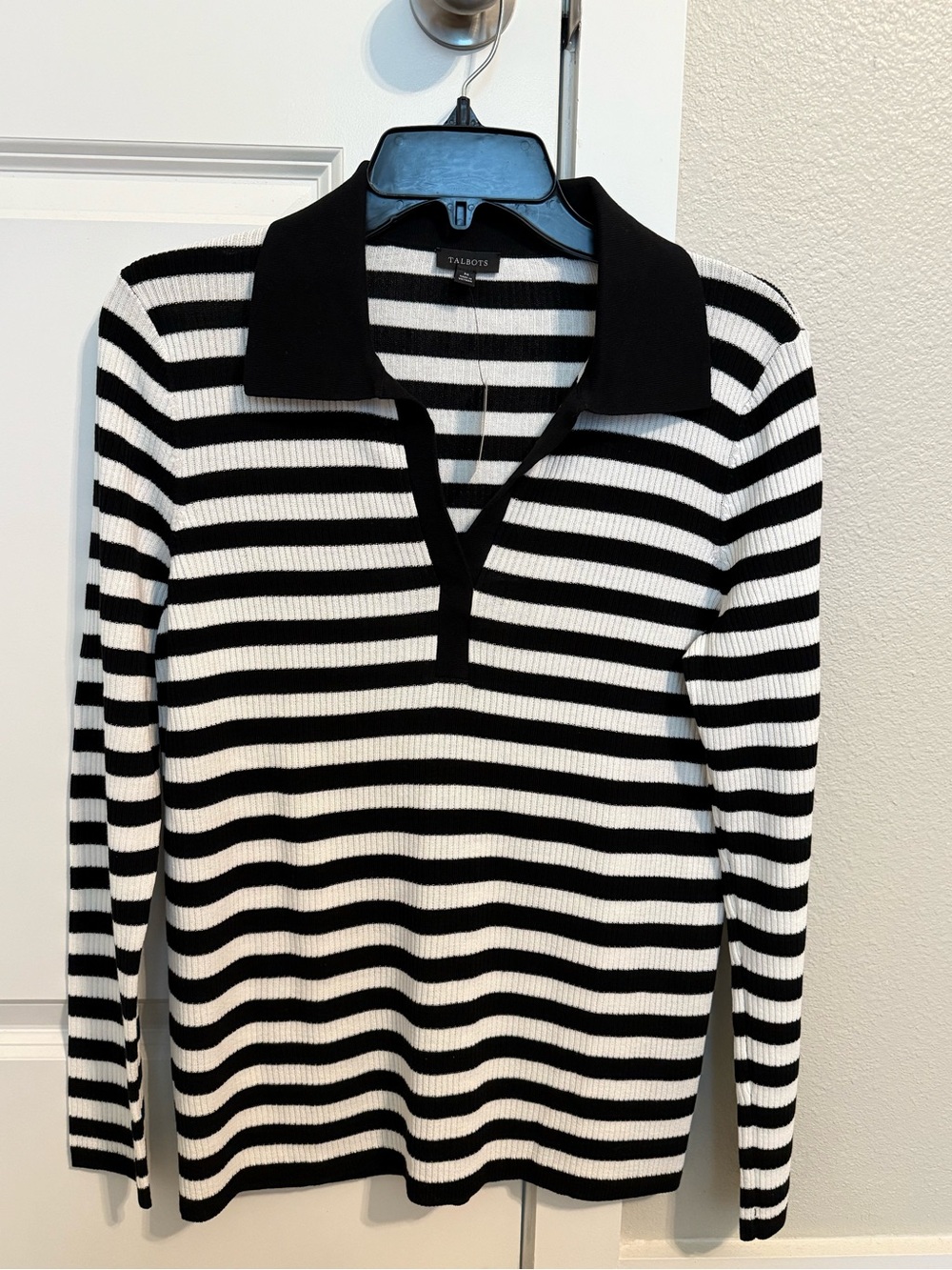 Talbots Black and White Striped V-Neck Polo Sweater